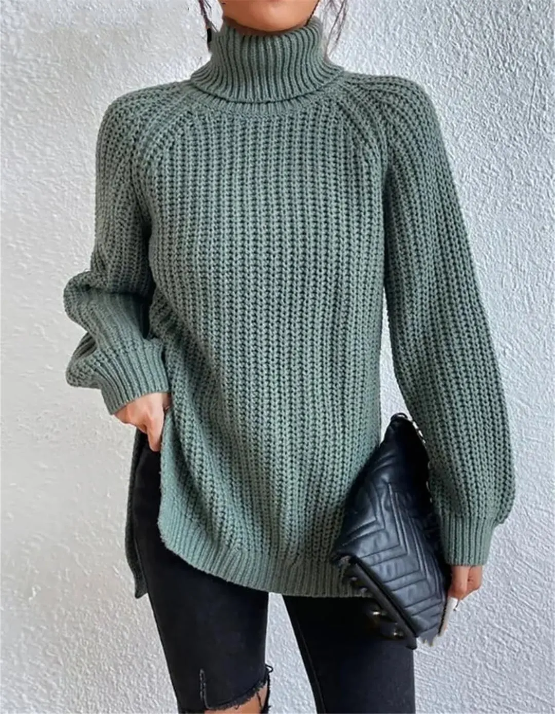 Women's Turtleneck Sweater Oversized Knitted Pullover Slit Solid Color Chunky Sweaters Jumpers