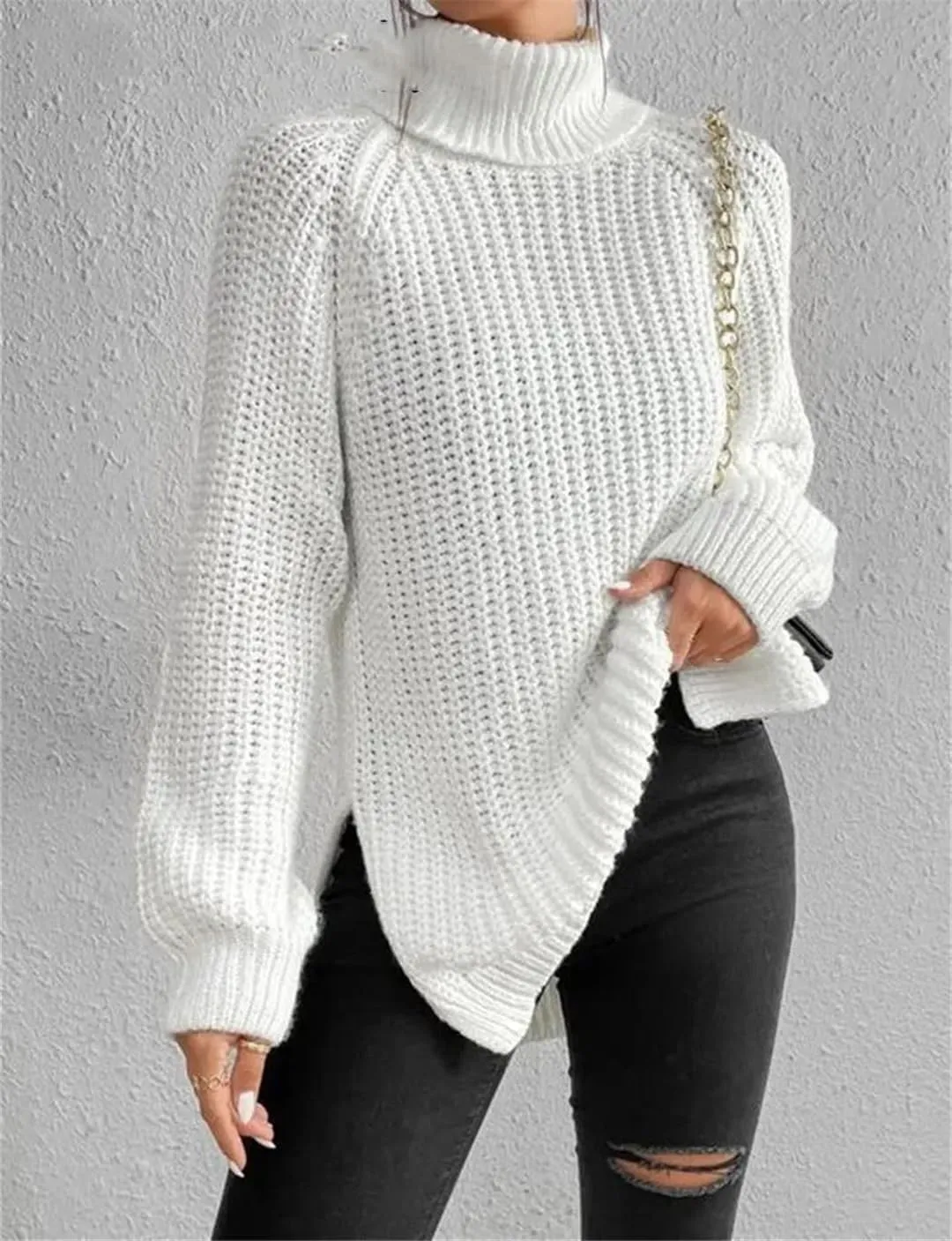 Women's Turtleneck Sweater Oversized Knitted Pullover Slit Solid Color Chunky Sweaters Jumpers