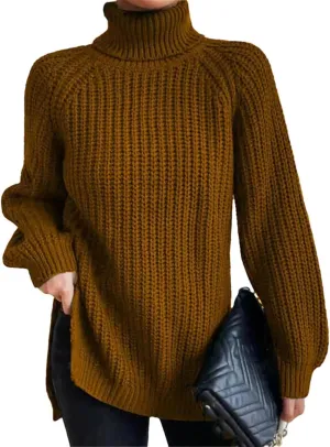 Women's Turtleneck Sweater Oversized Knitted Pullover Slit Solid Color Chunky Sweaters Jumpers