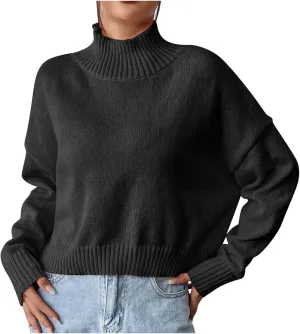 Womens Turtleneck Sweater Oversized Long Sleeve Knitted Pullover Fall Winter Trendy Basic Jumper Tops Crop Sweaters