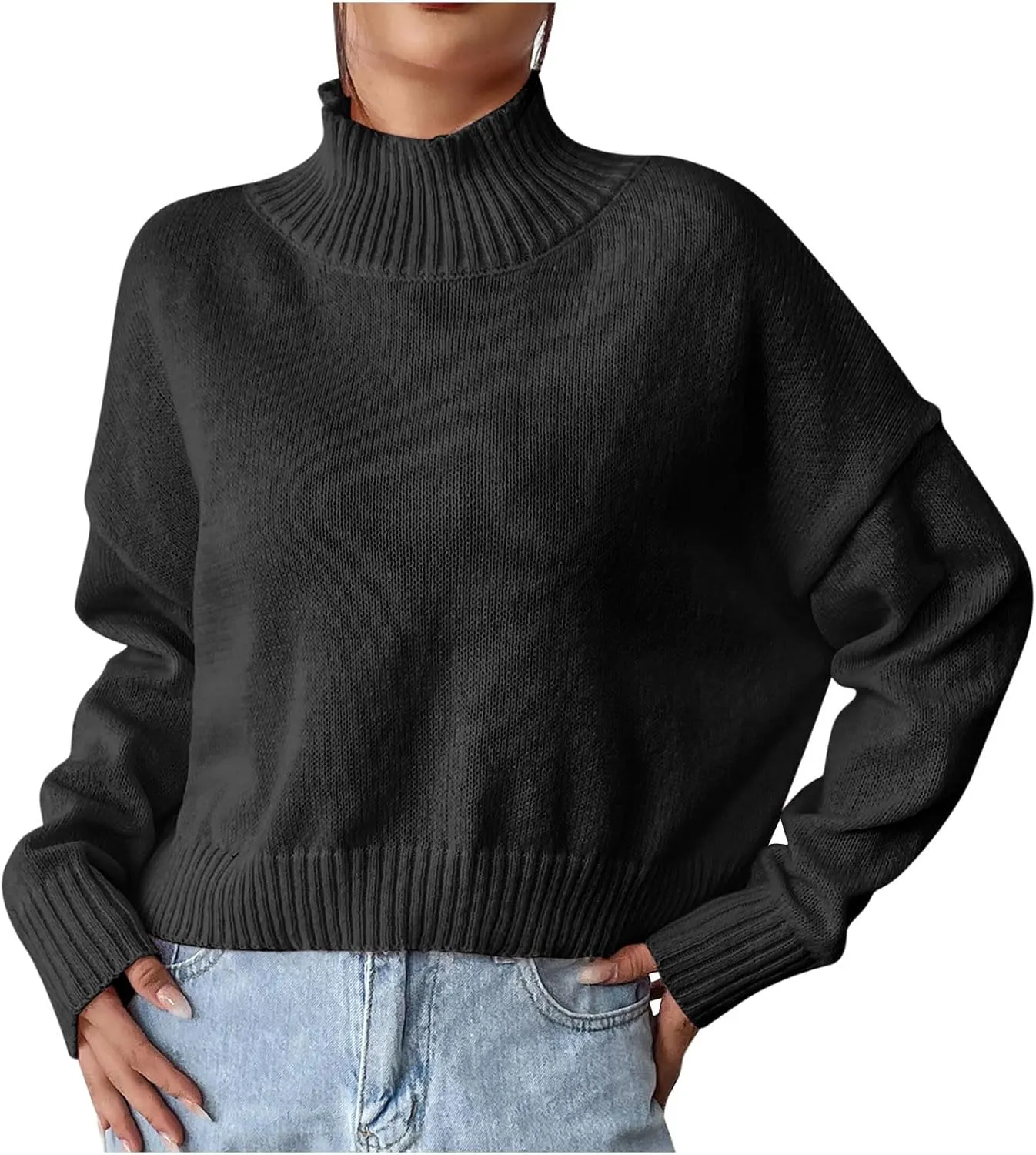 Womens Turtleneck Sweater Oversized Long Sleeve Knitted Pullover Fall Winter Trendy Basic Jumper Tops Crop Sweaters
