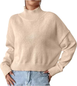 Womens Turtleneck Sweater Oversized Long Sleeve Knitted Pullover Fall Winter Trendy Basic Jumper Tops Crop Sweaters