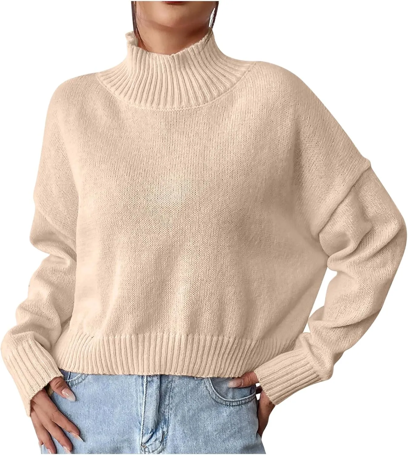 Womens Turtleneck Sweater Oversized Long Sleeve Knitted Pullover Fall Winter Trendy Basic Jumper Tops Crop Sweaters