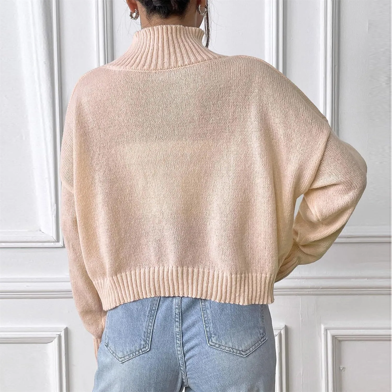 Womens Turtleneck Sweater Oversized Long Sleeve Knitted Pullover Fall Winter Trendy Basic Jumper Tops Crop Sweaters