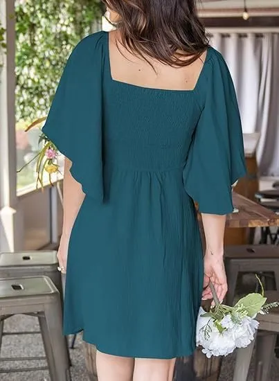 Women's V-Neck Bow Tie Short Sleeve Mini Dress Elegant Smocked Flowy A Line Dresses Summer Plus Size Sundress