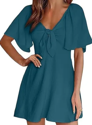 Women's V-Neck Bow Tie Short Sleeve Mini Dress Elegant Smocked Flowy A Line Dresses Summer Plus Size Sundress