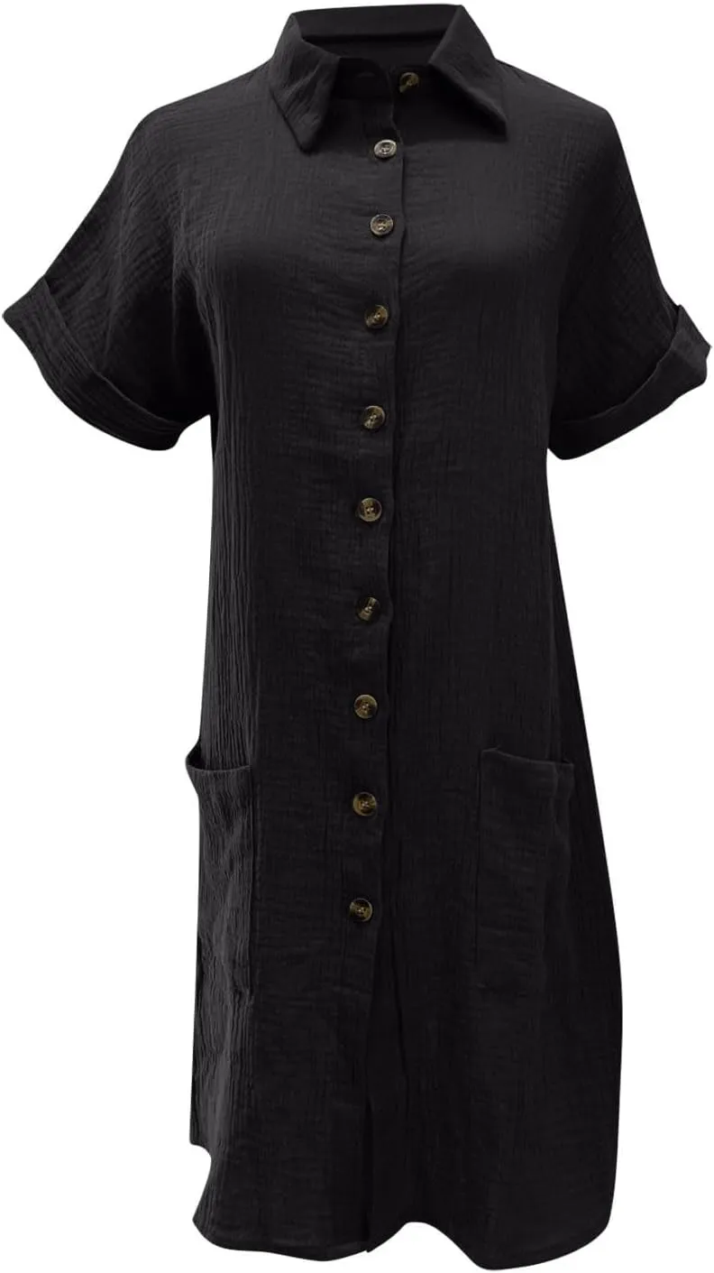 Women's V-Neck Button Down Shirt Dress Roll Short Sleeve Work Dresses Casual Flowy Beach Sundress with Pockets