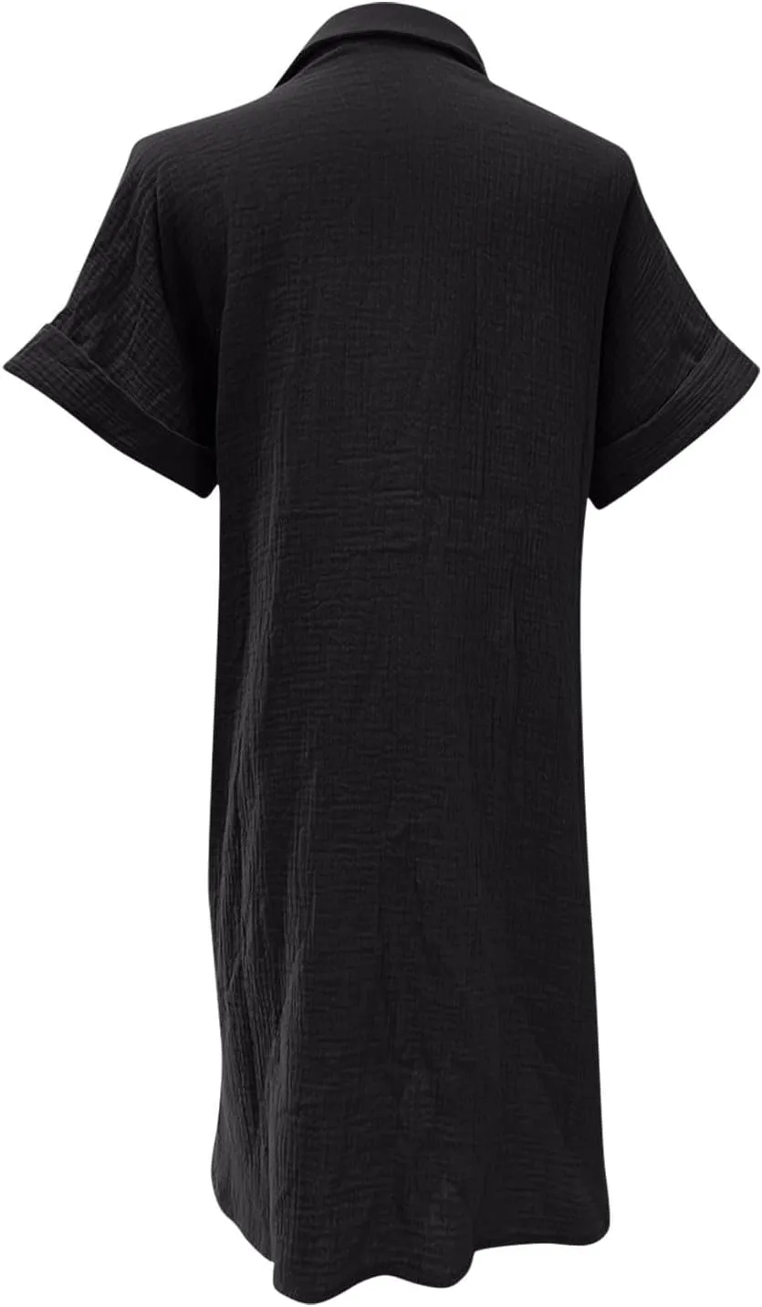 Women's V-Neck Button Down Shirt Dress Roll Short Sleeve Work Dresses Casual Flowy Beach Sundress with Pockets