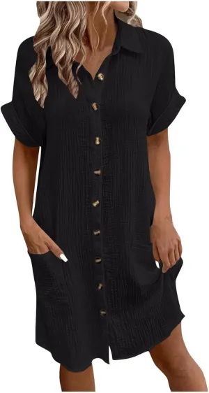 Women's V-Neck Button Down Shirt Dress Roll Short Sleeve Work Dresses Casual Flowy Beach Sundress with Pockets
