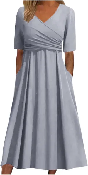 Women's V Neck Short Flared Sleeve Wedding Guest Dress Smocked Elastic Waist Tiered Belted Ruffle Hem Dress