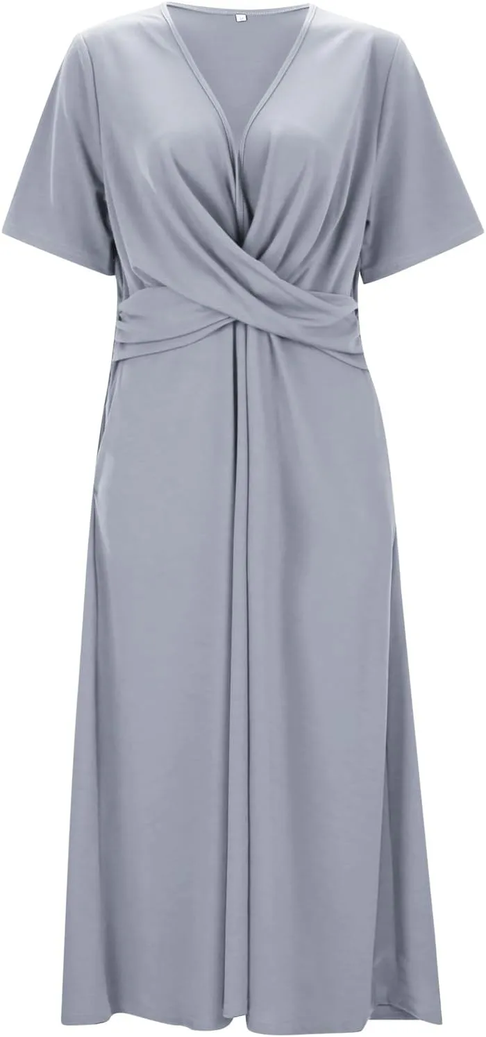 Women's V Neck Short Flared Sleeve Wedding Guest Dress Smocked Elastic Waist Tiered Belted Ruffle Hem Dress