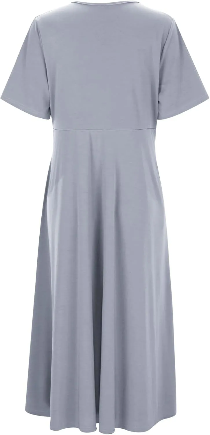 Women's V Neck Short Flared Sleeve Wedding Guest Dress Smocked Elastic Waist Tiered Belted Ruffle Hem Dress