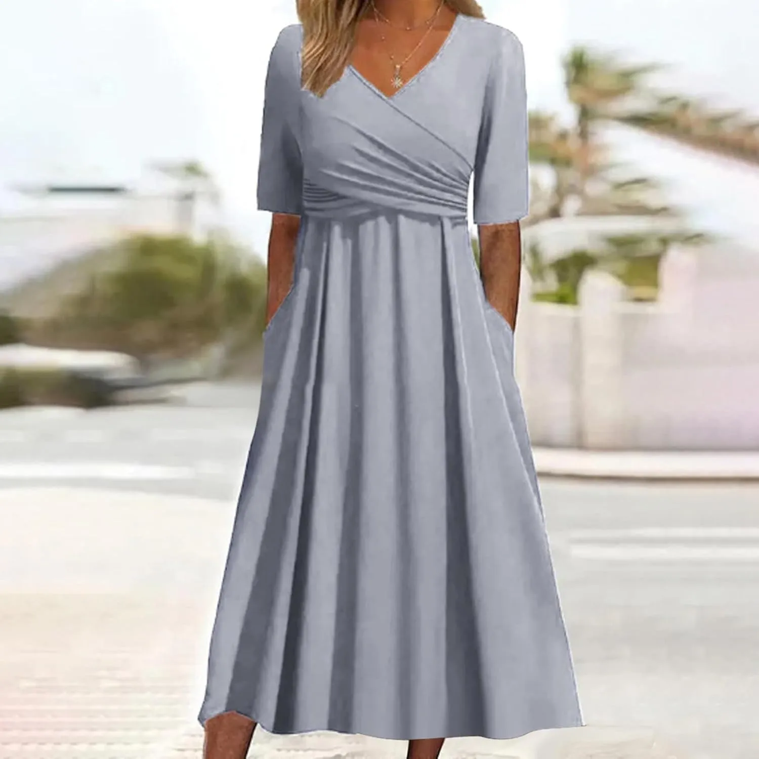Women's V Neck Short Flared Sleeve Wedding Guest Dress Smocked Elastic Waist Tiered Belted Ruffle Hem Dress