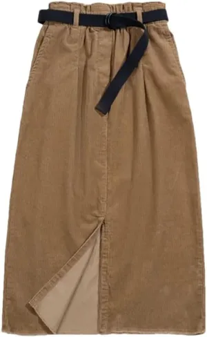 Women's Vintage Corduroy Skirts Cotton Wash Pencil Long Skirt A-Line Hight Waist Sashes Bottoms