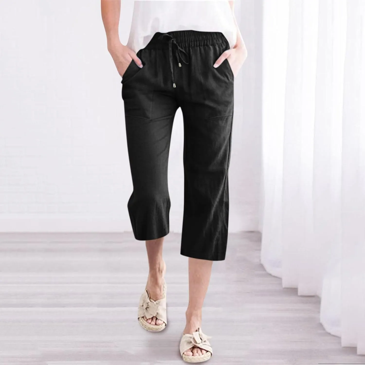 Womens Wide Leg Linen Pants Dressy Casual High Waist Palazzo Pant Button Up Loose Flowy Trouser with Pockets