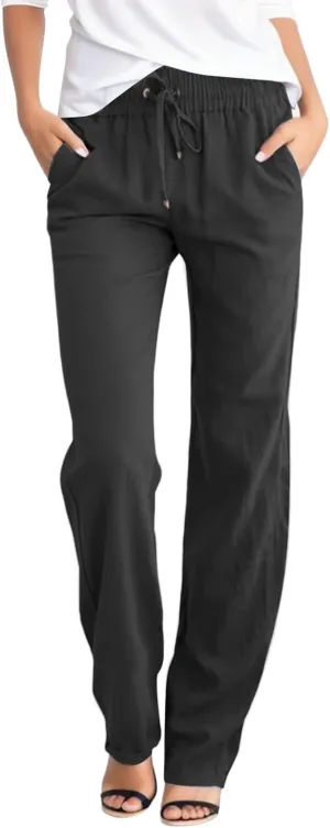 Women's Wide Leg Linen Pants Dressy Elastic High Waisted Palazzo Pant Yoga Pleated Trousers with Pocket