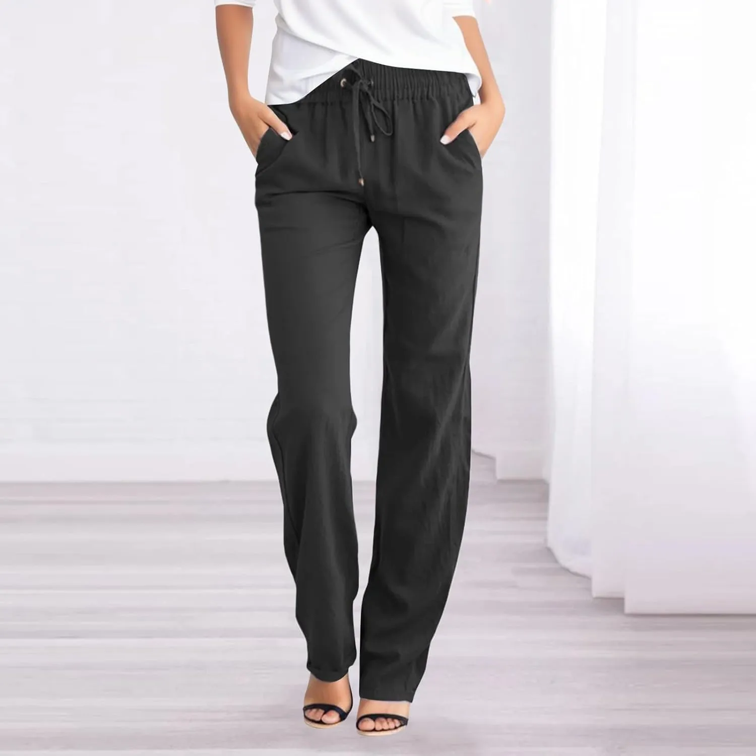 Women's Wide Leg Linen Pants Dressy Elastic High Waisted Palazzo Pant Yoga Pleated Trousers with Pocket
