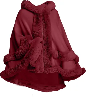 Women's Winter Fashion Poncho Faux Fur Trim Layers Hooded Cardigan Shawl Wrap Dressy Fleece Lined Warm Cape Cloak