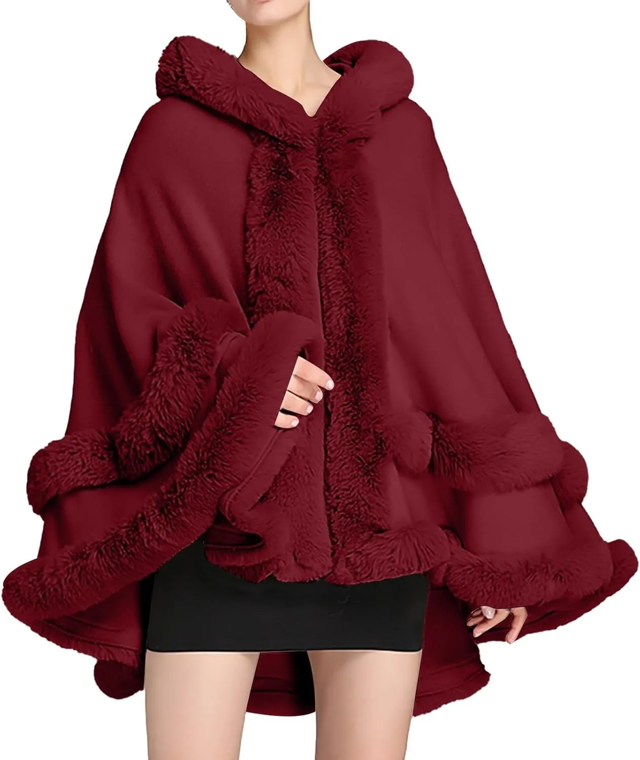 Women's Winter Fashion Poncho Faux Fur Trim Layers Hooded Cardigan Shawl Wrap Dressy Fleece Lined Warm Cape Cloak