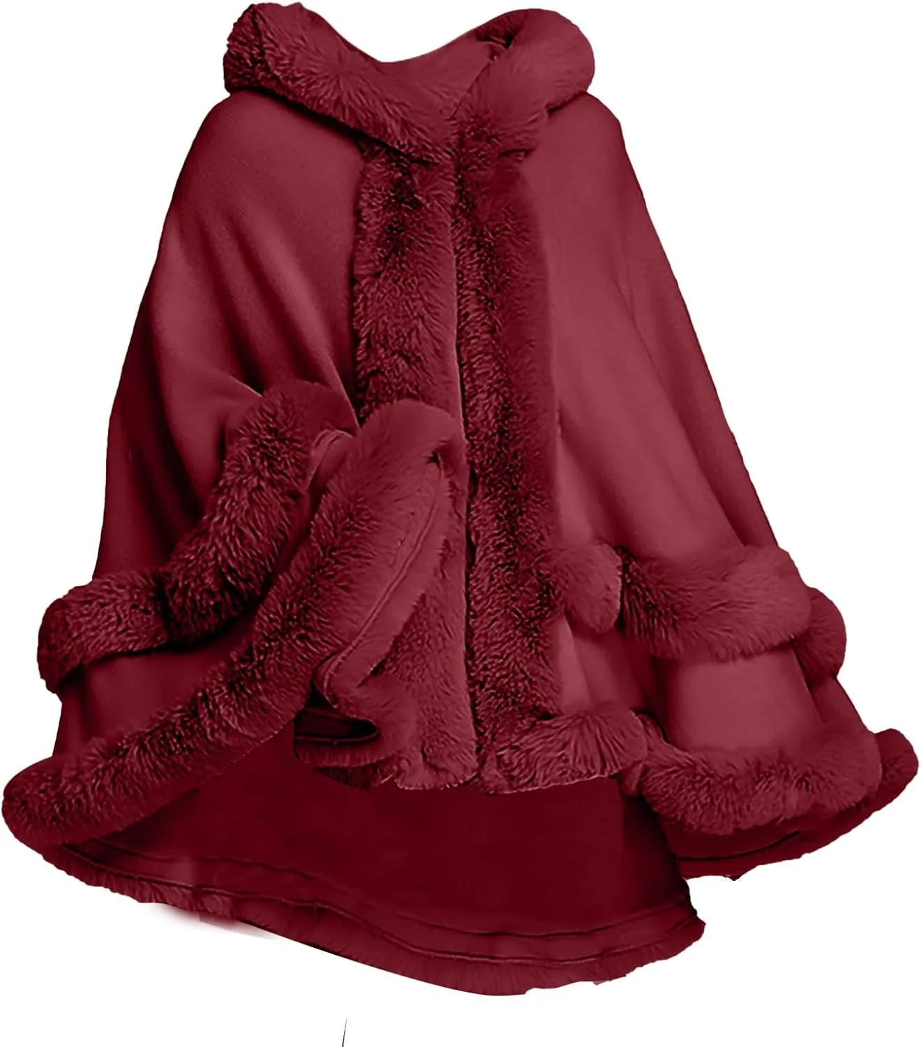 Women's Winter Fashion Poncho Faux Fur Trim Layers Hooded Cardigan Shawl Wrap Dressy Fleece Lined Warm Cape Cloak