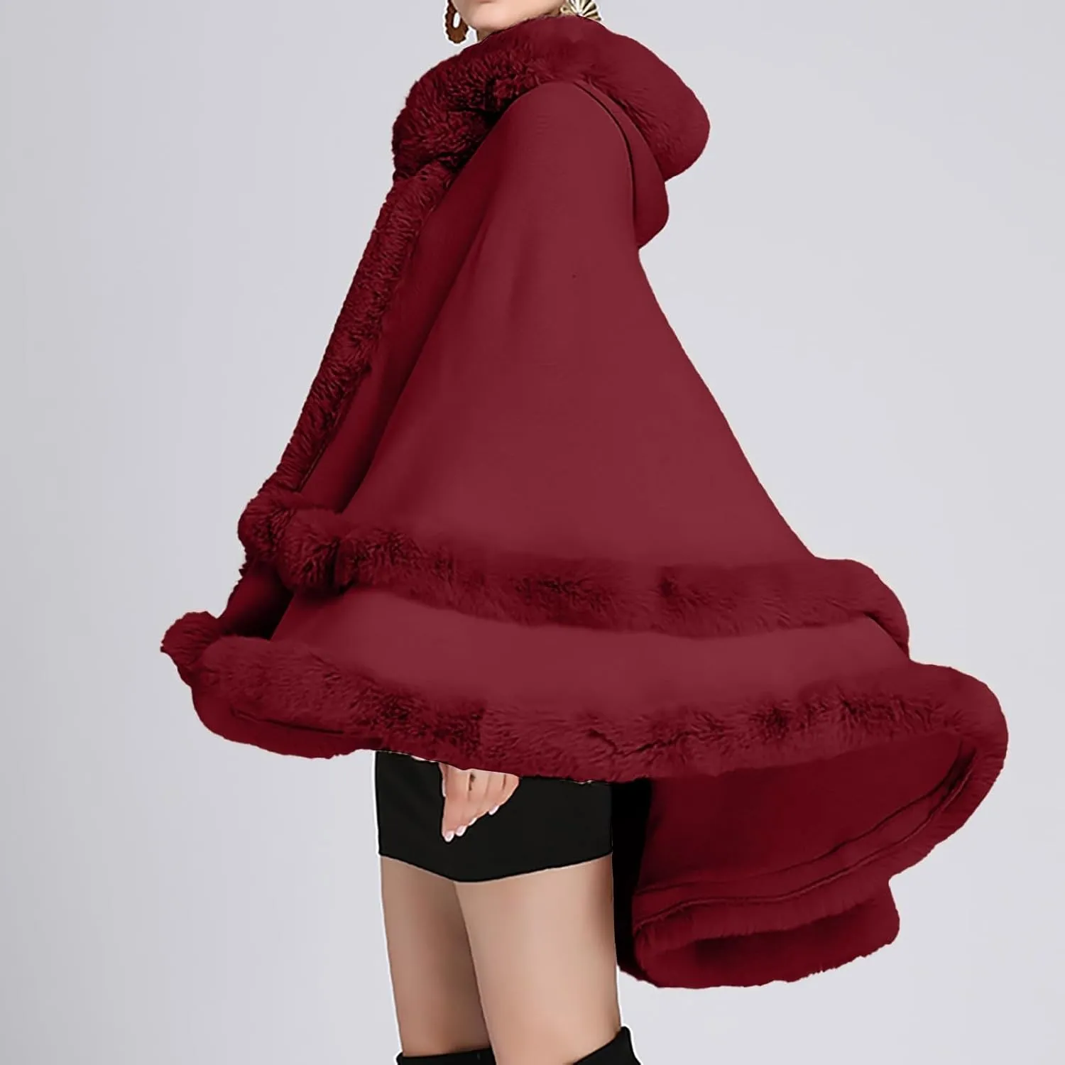 Women's Winter Fashion Poncho Faux Fur Trim Layers Hooded Cardigan Shawl Wrap Dressy Fleece Lined Warm Cape Cloak