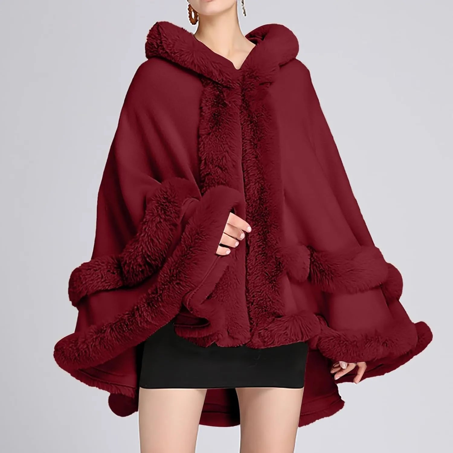 Women's Winter Fashion Poncho Faux Fur Trim Layers Hooded Cardigan Shawl Wrap Dressy Fleece Lined Warm Cape Cloak