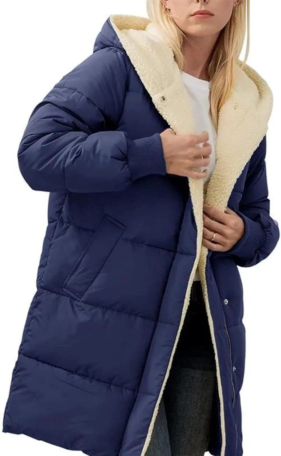 Womens Winter Long Down Coats Teddy Fleece Lined Jacket Plus Size Warm Down Thicken Hooded Windproof Quilted Puffer Jackets