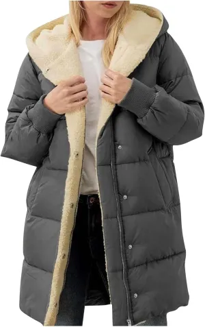 Womens Winter Long Down Coats Teddy Fleece Lined Jacket Plus Size Warm Down Thicken Hooded Windproof Quilted Puffer Jackets
