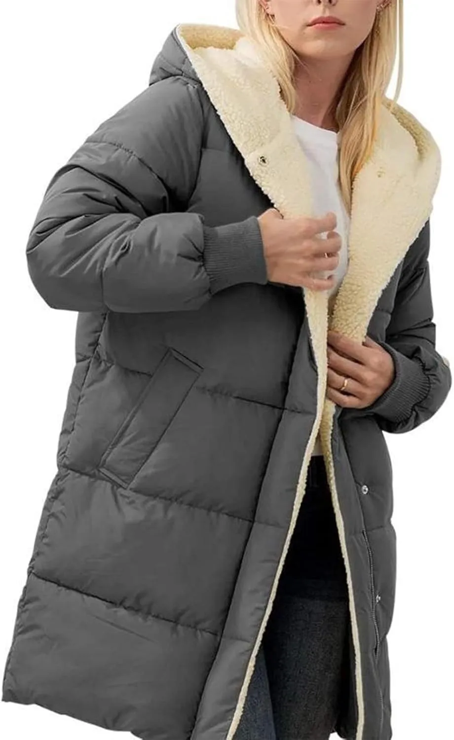 Womens Winter Long Down Coats Teddy Fleece Lined Jacket Plus Size Warm Down Thicken Hooded Windproof Quilted Puffer Jackets