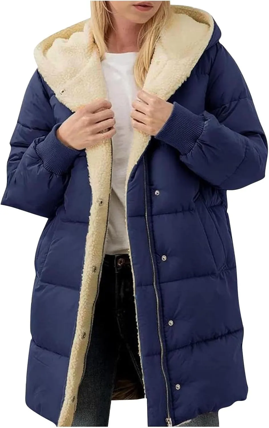 Womens Winter Long Down Coats Teddy Fleece Lined Jacket Plus Size Warm Down Thicken Hooded Windproof Quilted Puffer Jackets