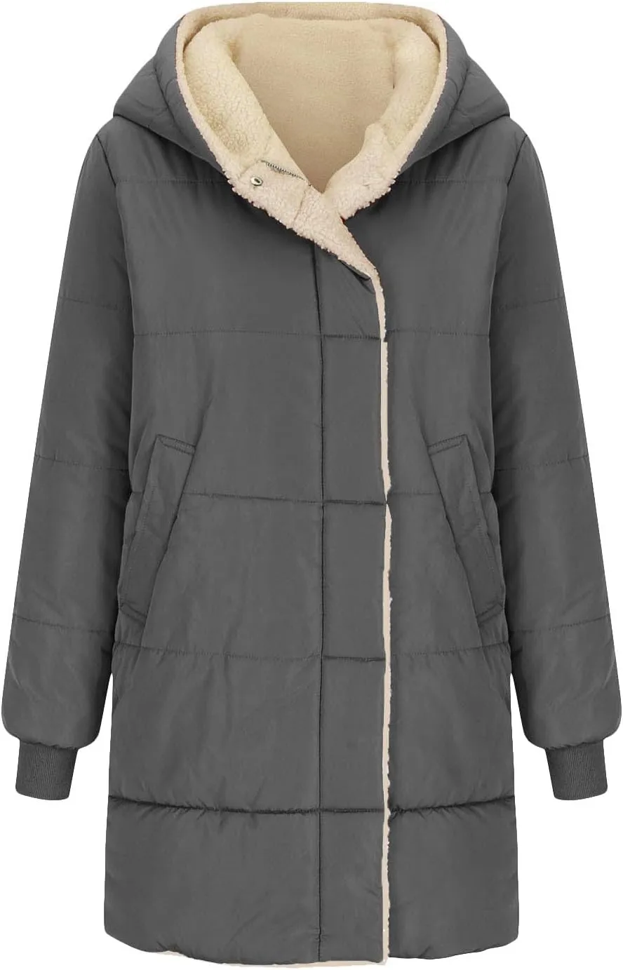 Womens Winter Long Down Coats Teddy Fleece Lined Jacket Plus Size Warm Down Thicken Hooded Windproof Quilted Puffer Jackets
