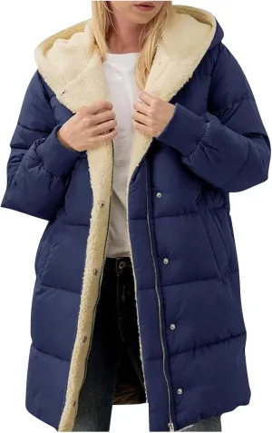 Womens Winter Long Down Coats Teddy Fleece Lined Jacket Plus Size Warm Down Thicken Hooded Windproof Quilted Puffer Jackets