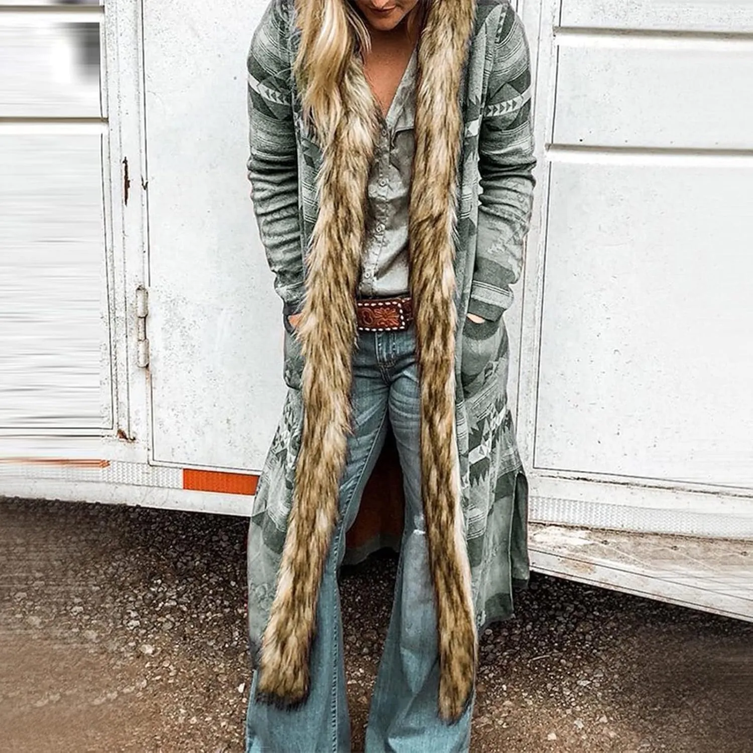 Womens Winter Long Faux Fur Jacket Open Front Coat Vintage Western Print Fuzzy Hooded Cardigan Jackets Warm Outerwear