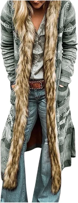 Womens Winter Long Faux Fur Jacket Open Front Coat Vintage Western Print Fuzzy Hooded Cardigan Jackets Warm Outerwear