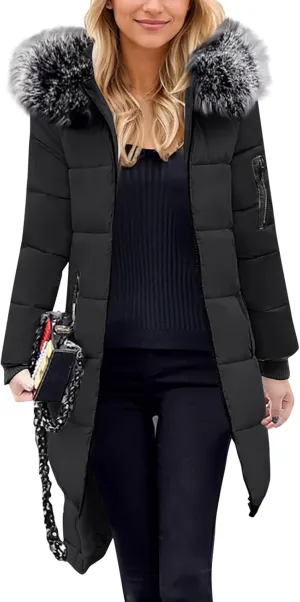 Womens Winter Long Puffer Coats Down Thicken Warm Quilted Jacket Mid-Length with Side Zipper Pocket Hood Outerwear