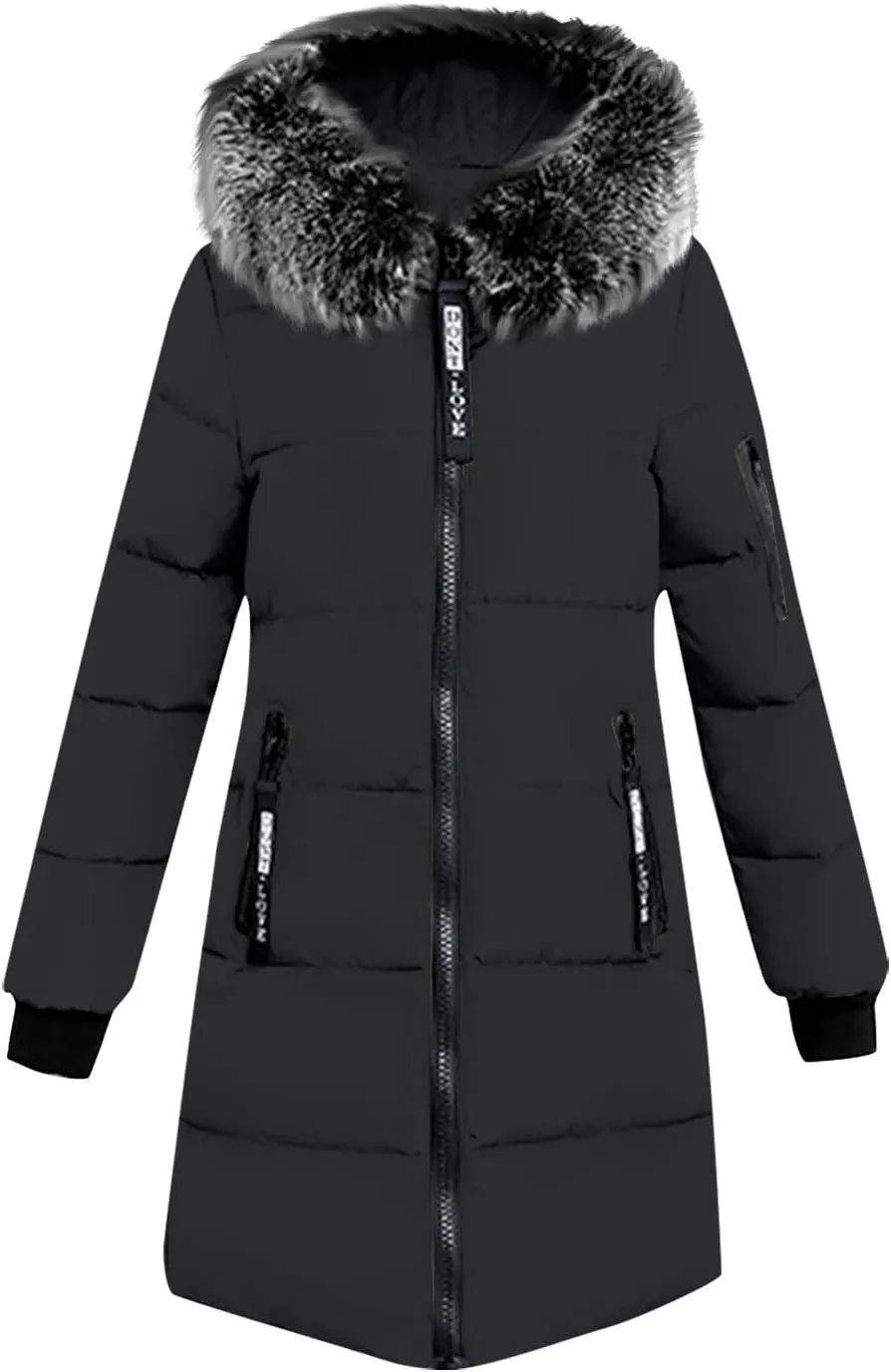 Womens Winter Long Puffer Coats Down Thicken Warm Quilted Jacket Mid-Length with Side Zipper Pocket Hood Outerwear