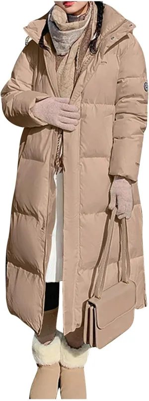 Women's Winter Over Knee Hooded Maxi Long Puffer Down Coat Long Winter Coats Zip Up Padded Coat Maxi Length Outerwear