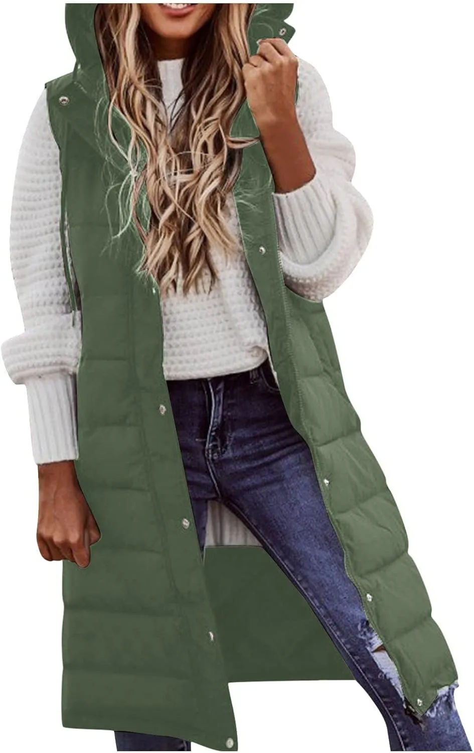 Womens Winter Sleeveless Coat Oversized Qulited Heavtweight Warm Dowm Jacket Vest Outdoor Zip Up Long Fleece Jackets