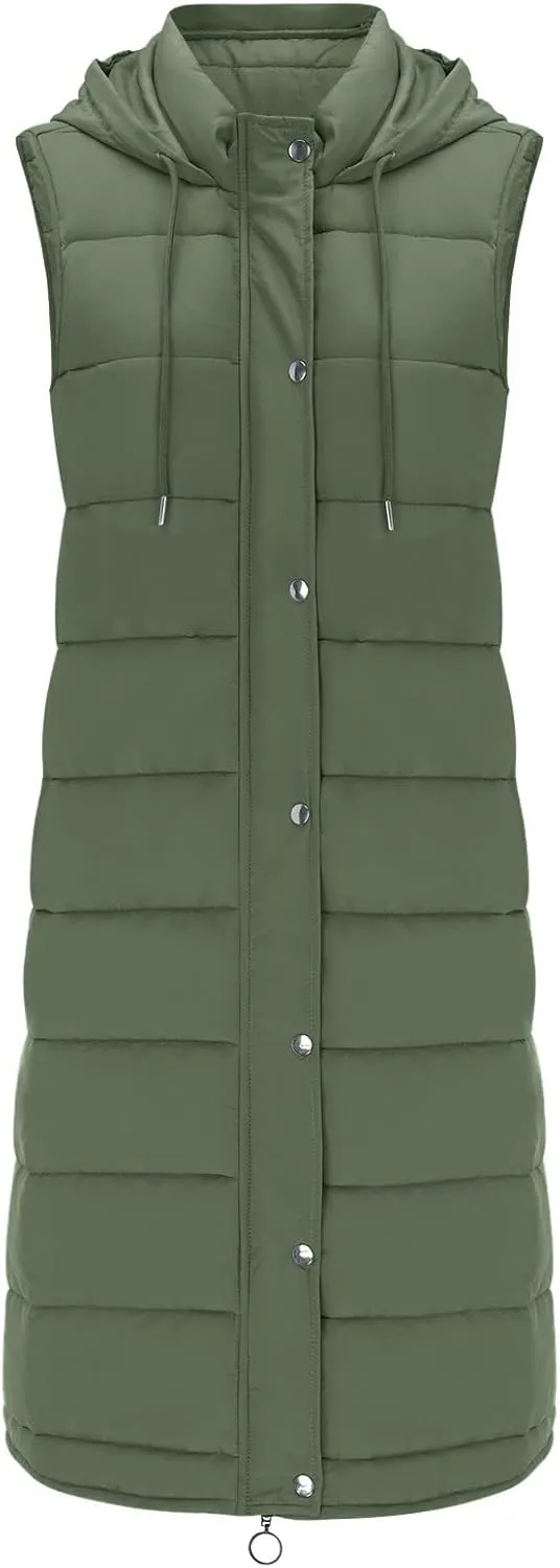 Womens Winter Sleeveless Coat Oversized Qulited Heavtweight Warm Dowm Jacket Vest Outdoor Zip Up Long Fleece Jackets