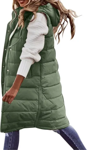 Womens Winter Sleeveless Coat Oversized Qulited Heavtweight Warm Dowm Jacket Vest Outdoor Zip Up Long Fleece Jackets