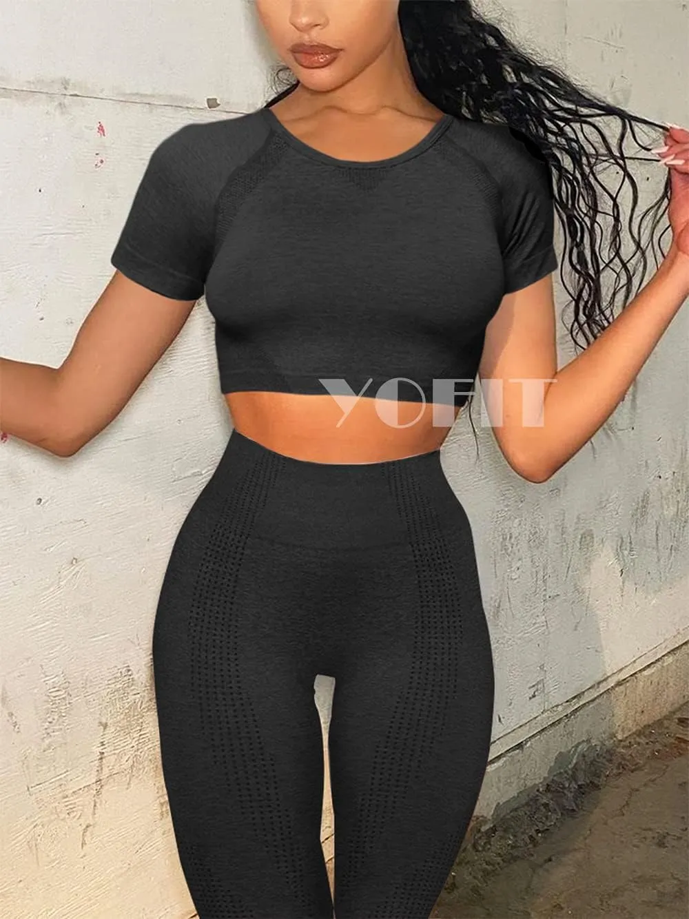 Women's Workout Outfit 2 Pieces Seamless High Waist Yoga Leggings with Long Sleeve Crop Top Gym Clothes Set