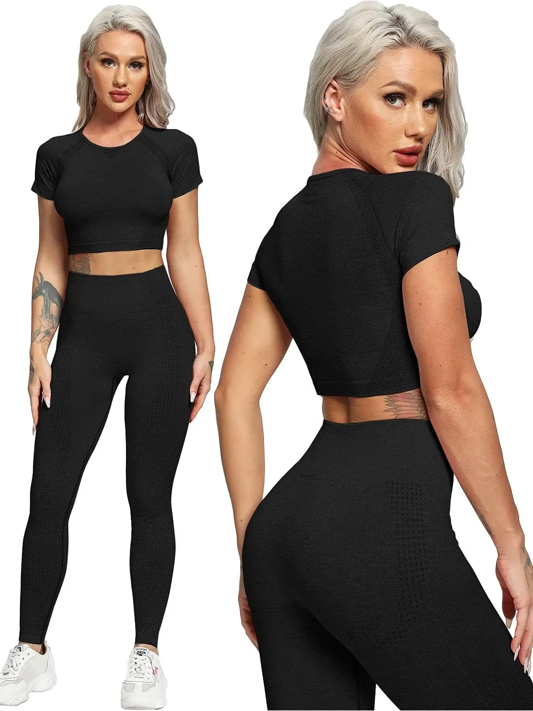 Women's Workout Outfit 2 Pieces Seamless High Waist Yoga Leggings with Long Sleeve Crop Top Gym Clothes Set