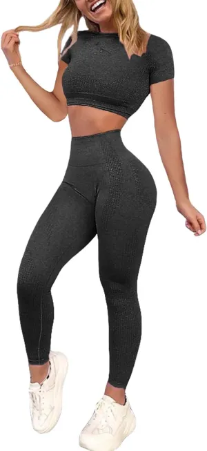 Women's Workout Outfit 2 Pieces Seamless High Waist Yoga Leggings with Long Sleeve Crop Top Gym Clothes Set
