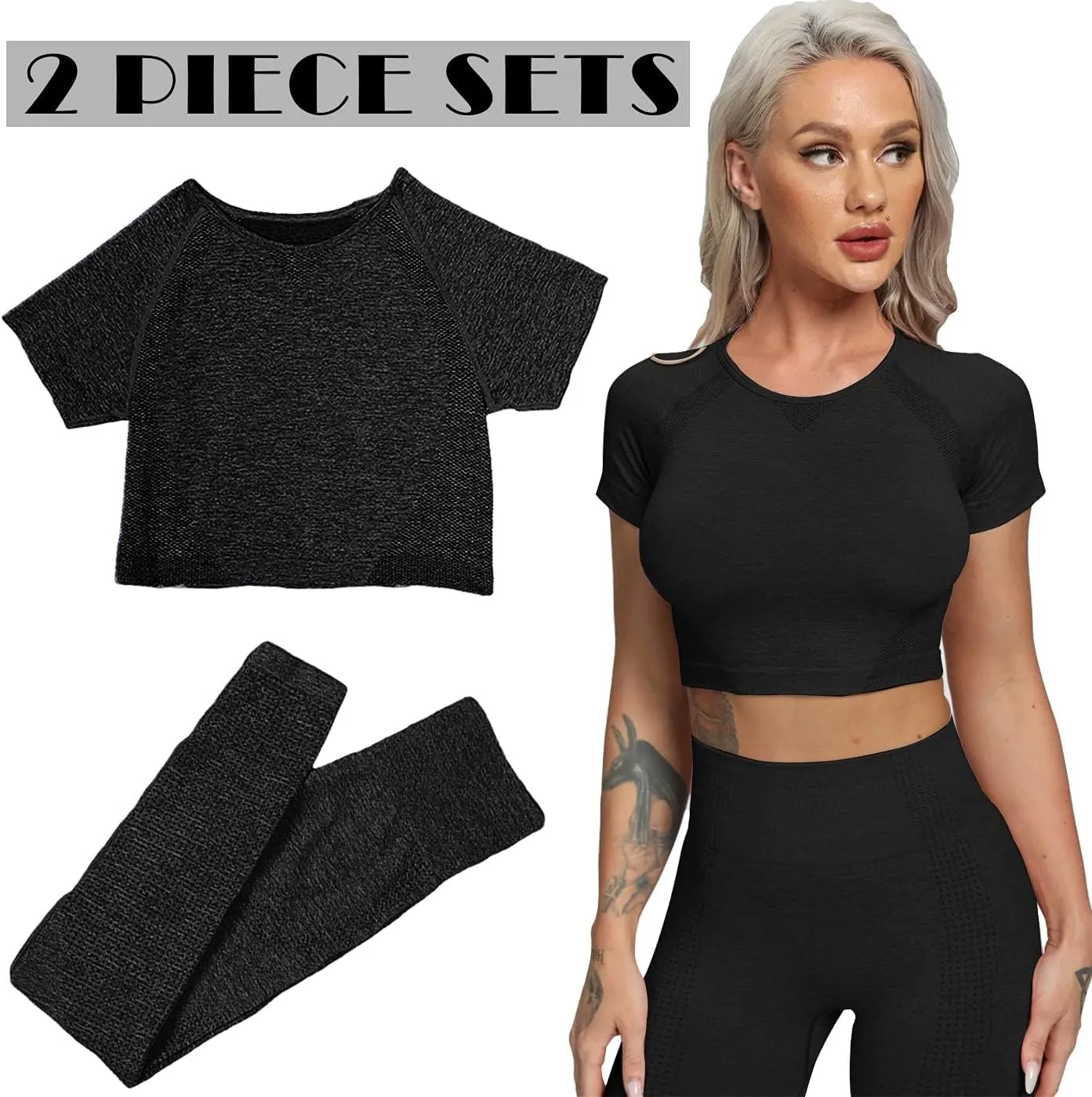 Women's Workout Outfit 2 Pieces Seamless High Waist Yoga Leggings with Long Sleeve Crop Top Gym Clothes Set