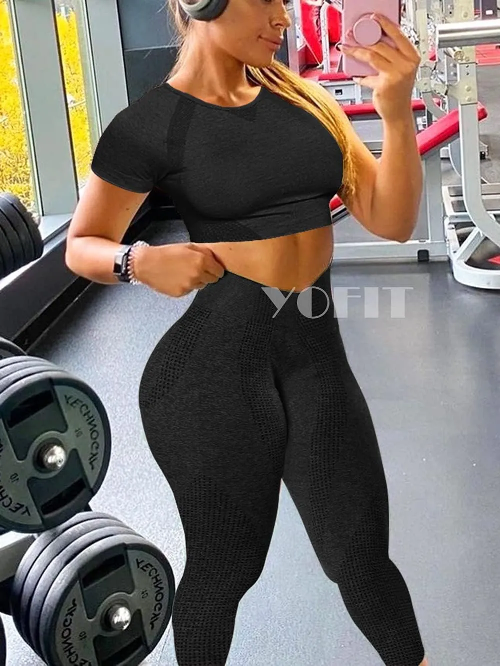 Women's Workout Outfit 2 Pieces Seamless High Waist Yoga Leggings with Long Sleeve Crop Top Gym Clothes Set