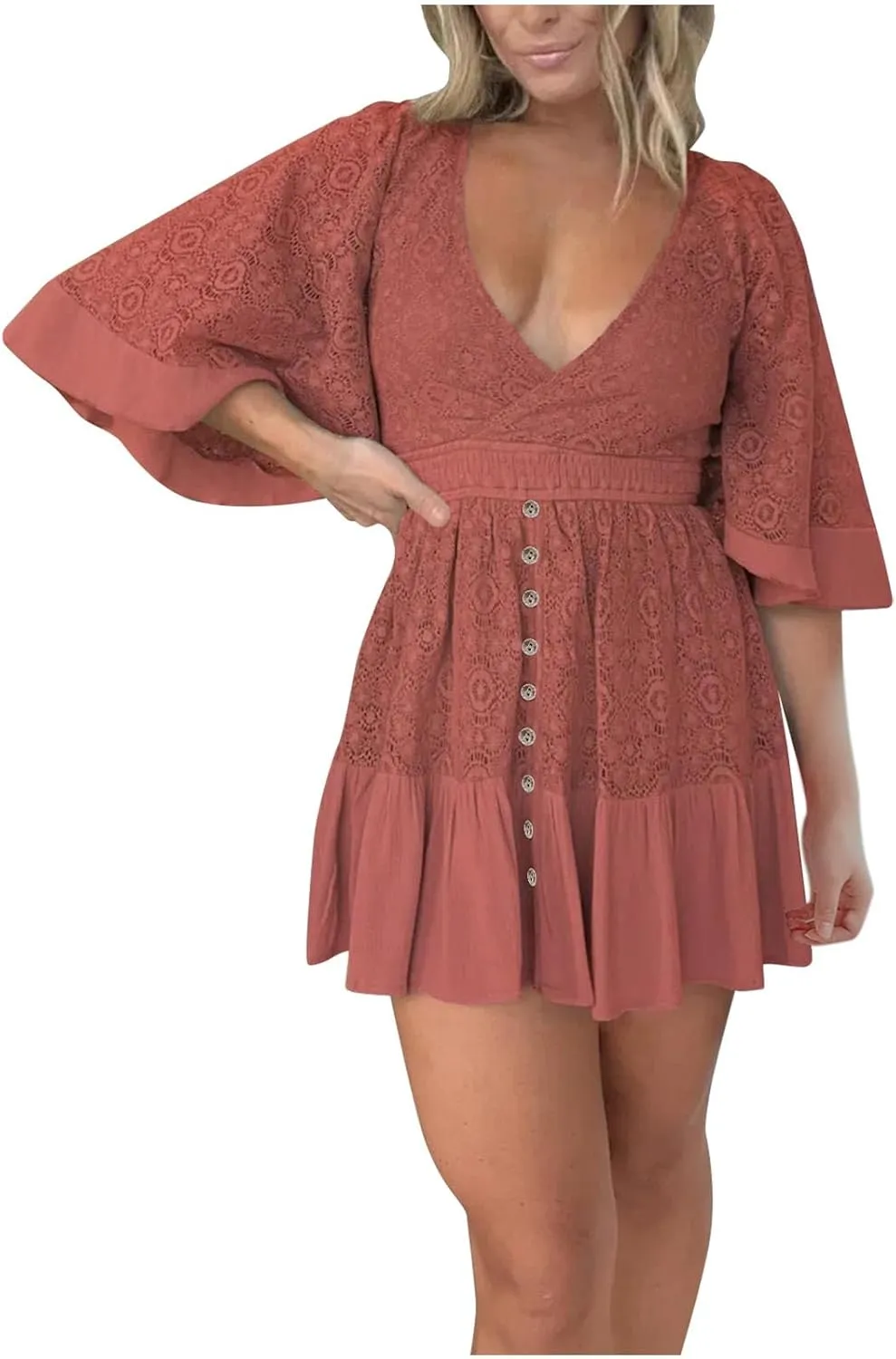 Women's Wrap V Neck Short Sleeve Lace Mini Dress 2025 Summer A Line Swing Ruffle Hem Casual Button Boho Beach Dresses