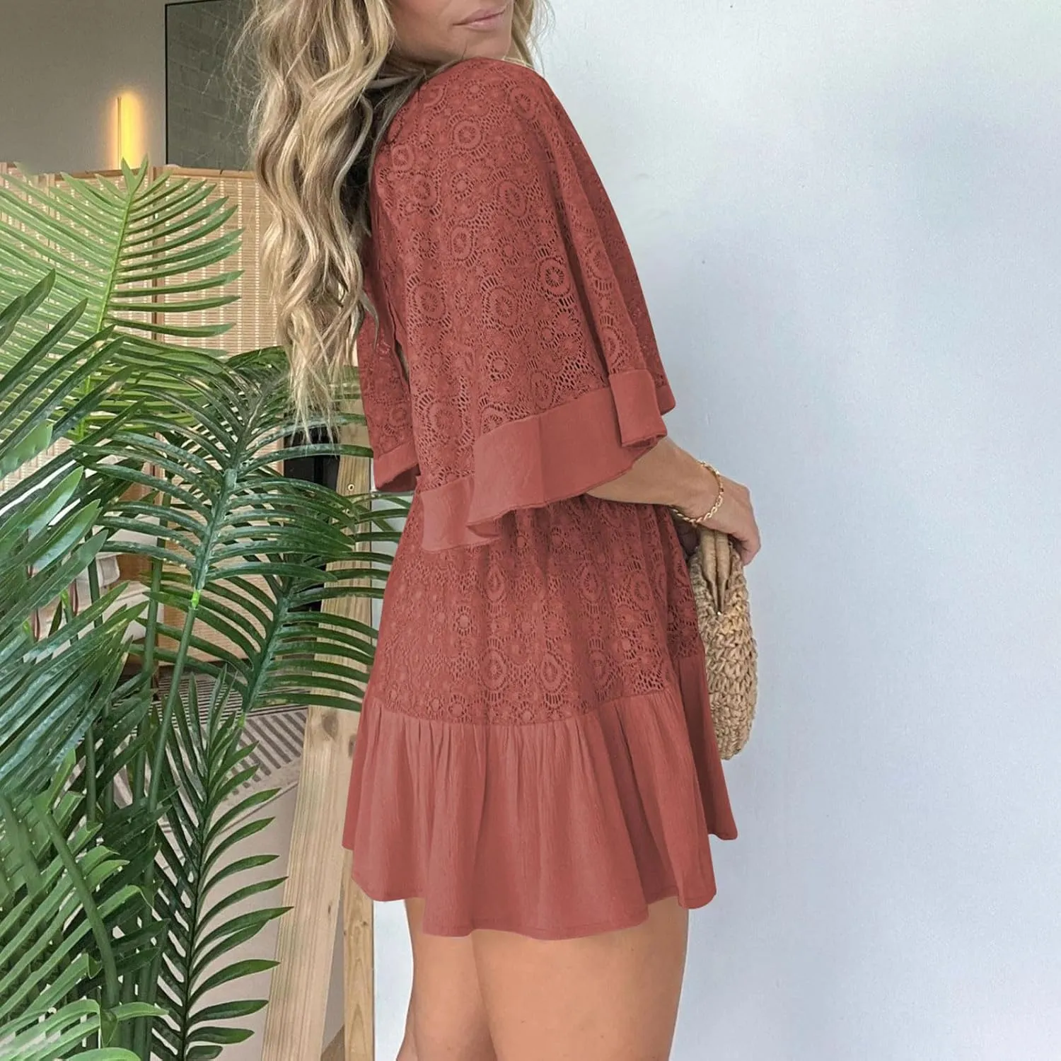 Women's Wrap V Neck Short Sleeve Lace Mini Dress 2025 Summer A Line Swing Ruffle Hem Casual Button Boho Beach Dresses