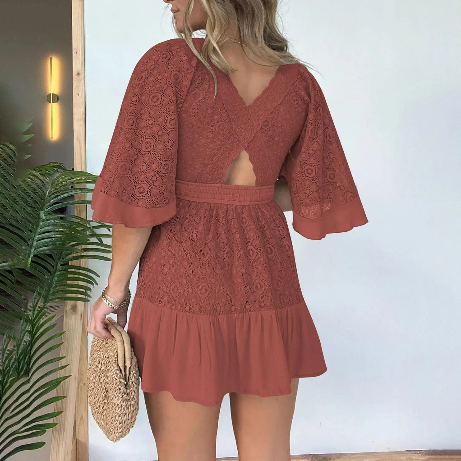 Women's Wrap V Neck Short Sleeve Lace Mini Dress 2025 Summer A Line Swing Ruffle Hem Casual Button Boho Beach Dresses