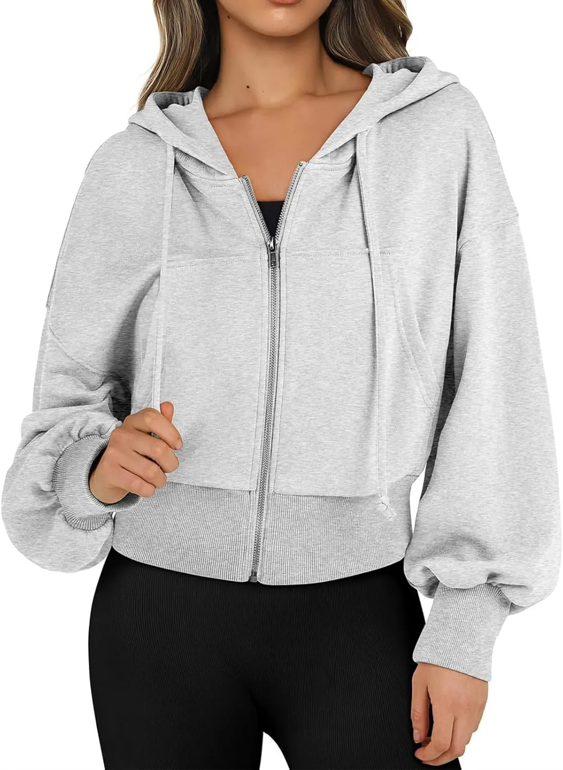 Womens Zip Up Hoodies Casual Drawstring Cropped Sweatshirt Jackets Long Sleeve Fleece Lightweight Coat with Pockets