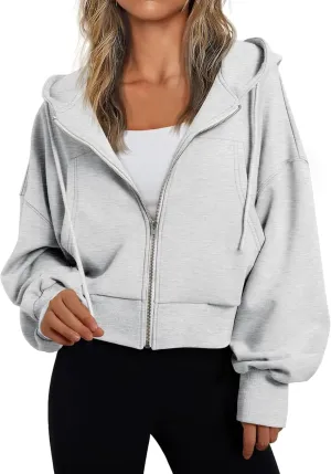 Womens Zip Up Hoodies Casual Drawstring Cropped Sweatshirt Jackets Long Sleeve Fleece Lightweight Coat with Pockets